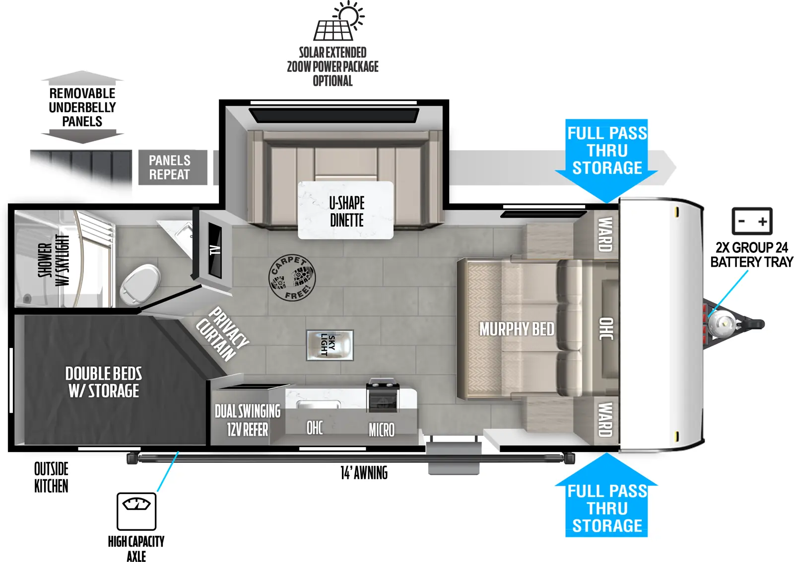 The 178BHSK has one slideout and one entry. Exterior features removeable underbelly panels, optional solar extended 200W power package, front pass-thru storage, outside kitchen, high capacity axle, 14 foot awning, and front 2X group 24 battery tray. Interior layout front to back: carpet-free RV; murphy bed with overhead cabinet and door side wardrobe; off-door side u-shape dinette slideout and TV along inner wall; door side entry, kitchen counter with cooktop and sink, microwave, overhead cabinet, skylight, and dual swinging 12V refrigerator; rear door side double beds with storage and privacy curtain; rear off-door side full bathroom with skylight in shower;